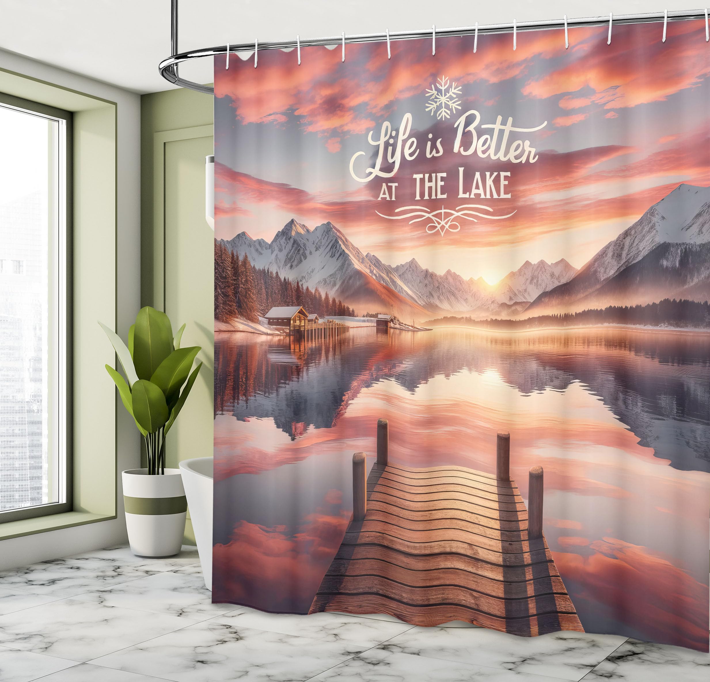 Ambesonne Lake Shower Curtain, Mesmerizing Sunset Scenery Mountains Cloud Reflections Life Is Better Saying, Cloth Fabric Bathro